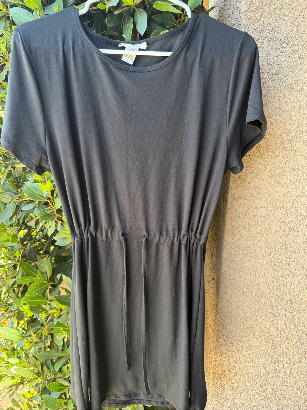 Black Short-Sleeve Drawstring Mini Dress